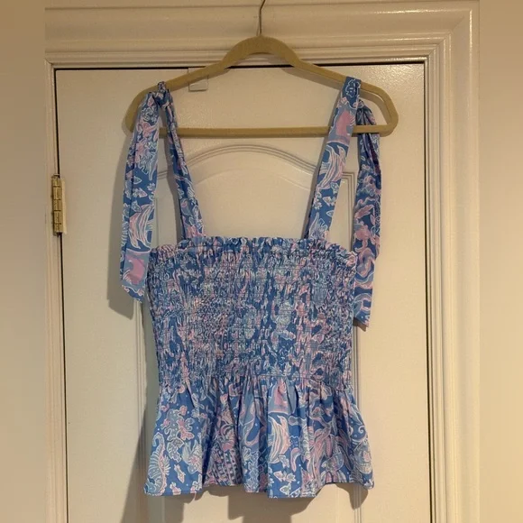 NWT Lilly Pulitzer Rivera Smocked Top in Boca Blue Sea What I See size Large - Picture 4 of 8